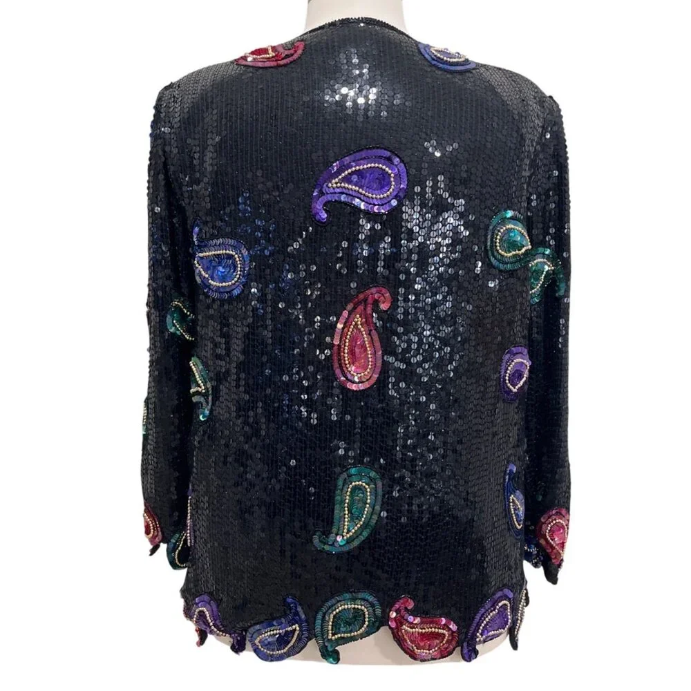 Vintage Scala Sequin Silk Jacket Paisley Beaded Black Purple Pink Blazer Size 2X - Picture 7 of 10